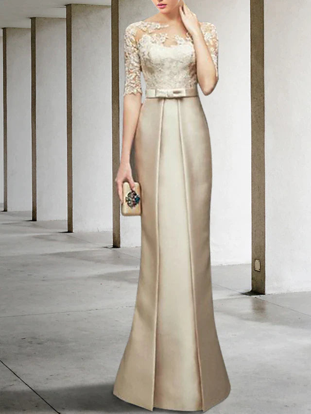 Mermaid / Trumpet Mother of the Bride Dress Elegant Jewel Neck Knee Length Satin Lace Half Sleeve with Bow(s) Appliques