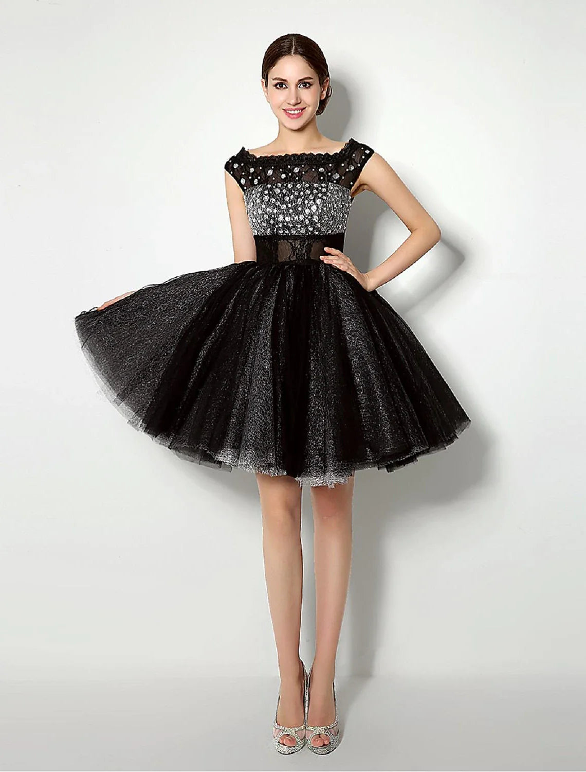 DingjiBall Gown Fit & Flare Little Black Dress Dress Cocktail Party Short / Mini Sleeveless Bateau Neck Tulle with Lace Sash / Ribbon Pleats