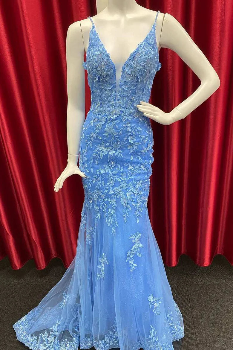 Applique V-Neck Backless Mermaid Long Prom Dress