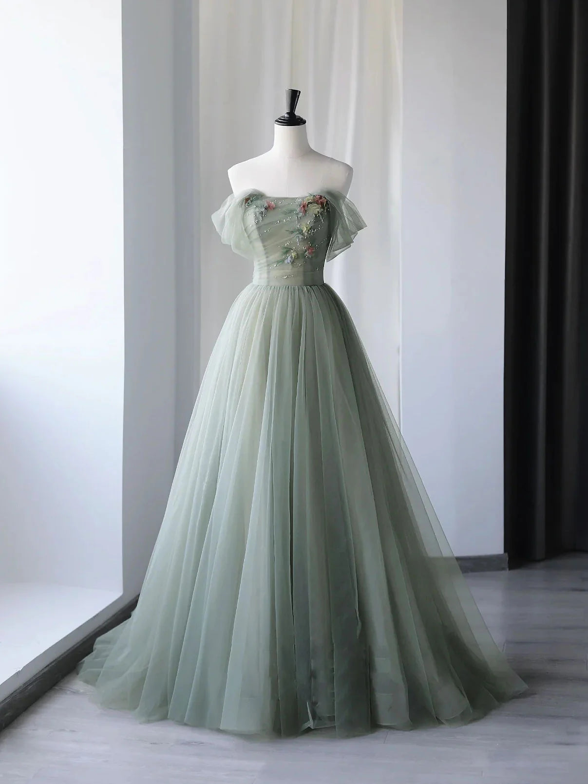 Tulle Off Shoulder Long Prom Dress Gray Green Formal Graduation Dresses