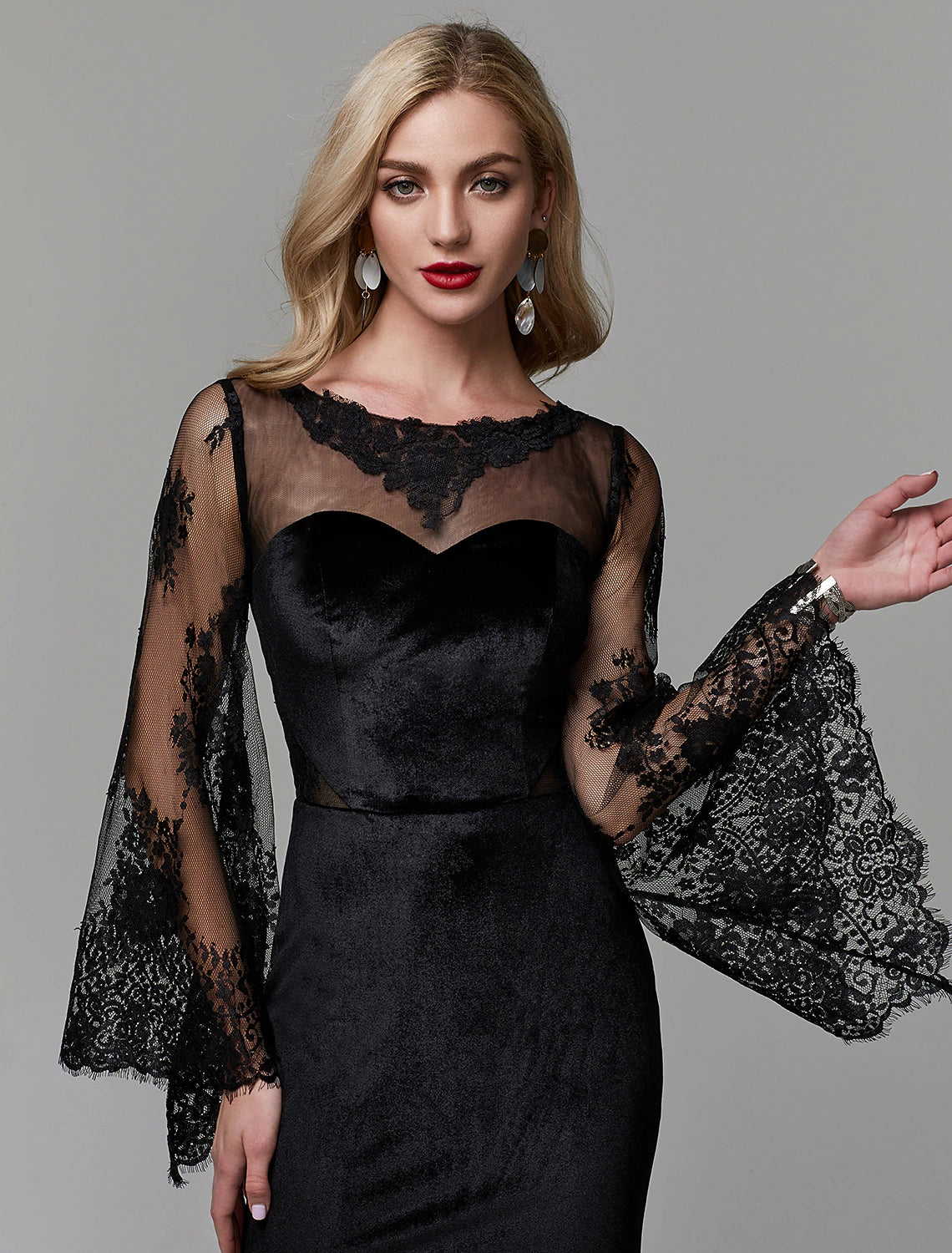 Sheath / Column Elegant Dress Wedding Guest Engagement Floor Length Long Sleeve Illusion Neck Lace with Lace Insert