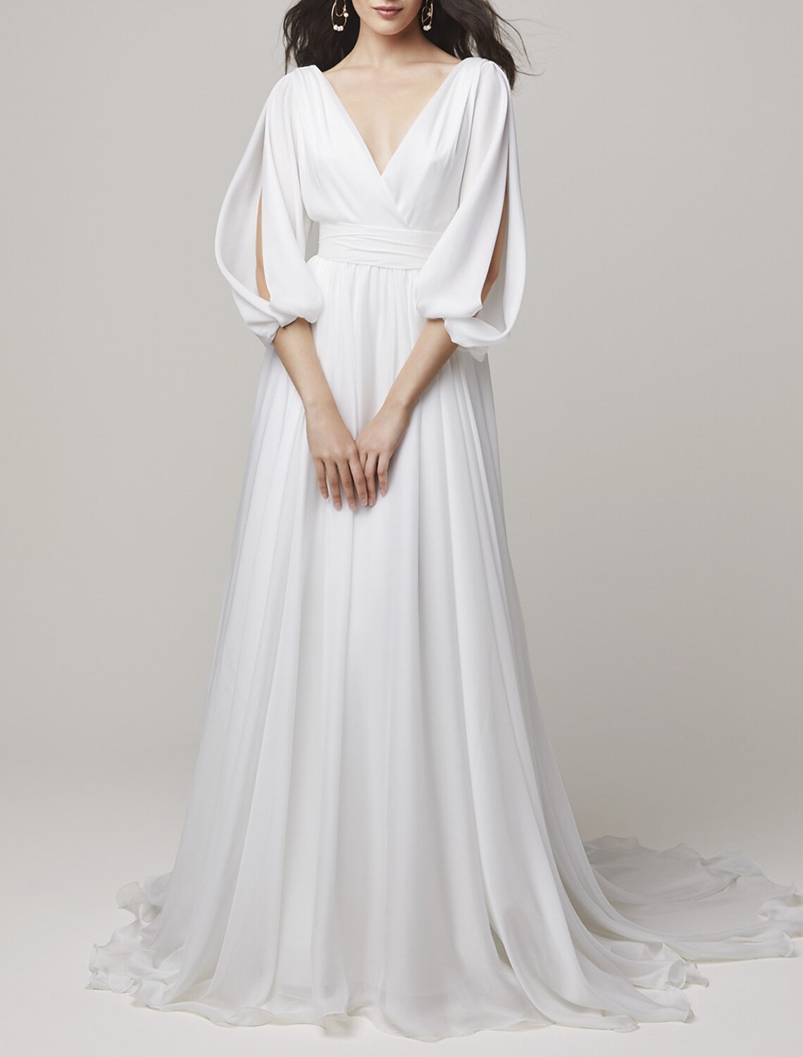 Hall Casual Wedding Dresses A-Line V Neck 3/4 Length Sleeve Court Train Chiffon Bridal Gowns With Solid Color