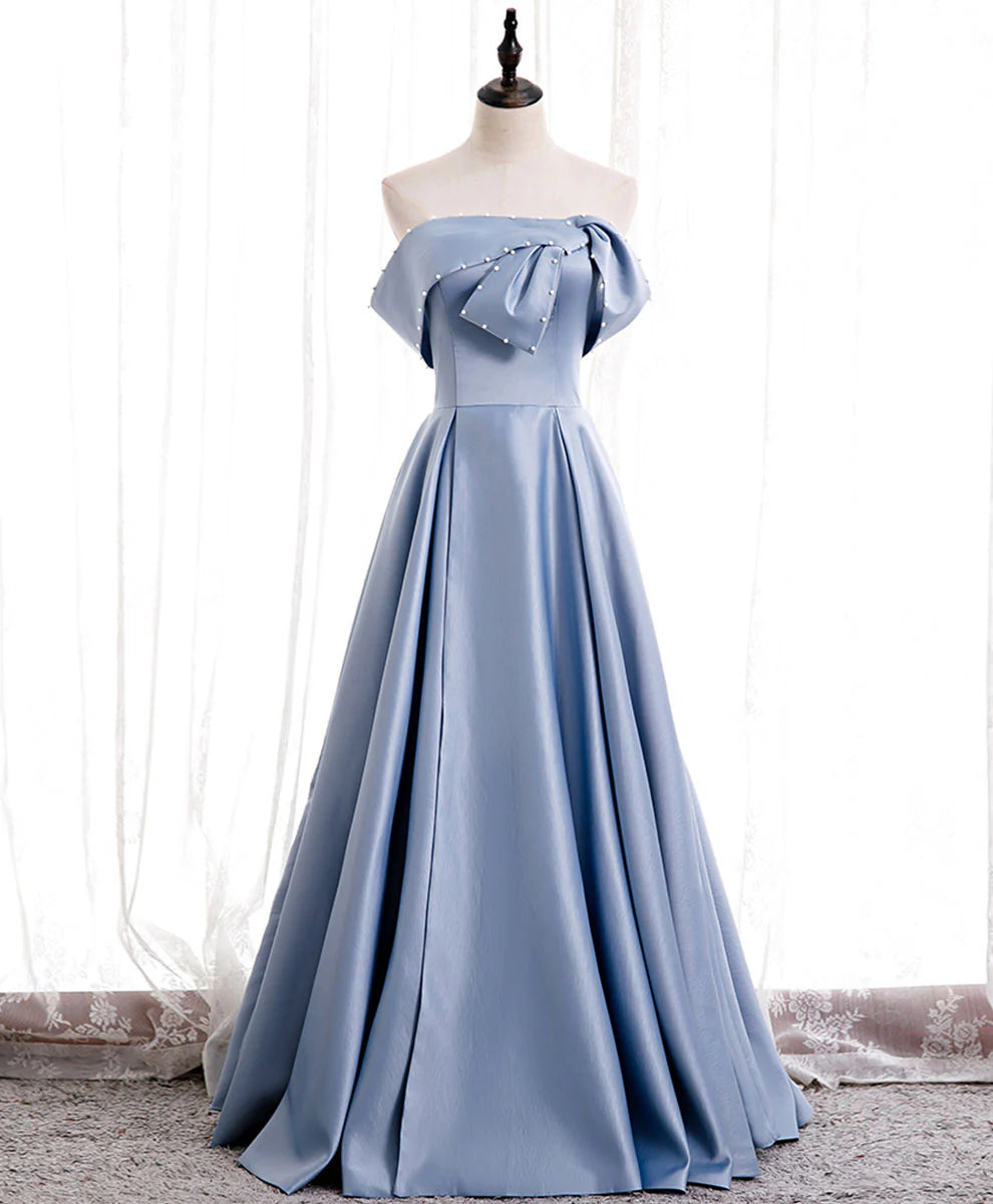 Off Shoulder Satin Long Prom Dress Blue Bridesmaid Dress
