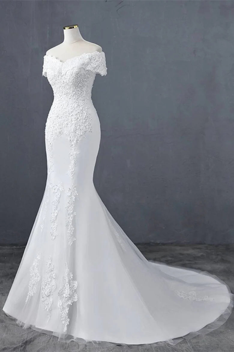 Floral Lace Off-the-Shoulder Trumpet Wedding Dress