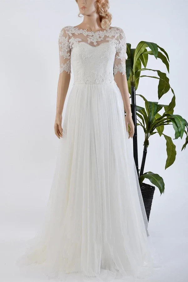 A-Line Tulle Satin Bowed Lace Bolero Wedding Dress
