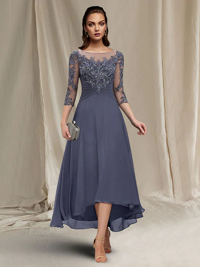 A-Line Mother of the Bride Dress Elegant High Low Jewel Neck Asymmetrical Tea Length Chiffon Lace Short Sleeve Wrap Included with Ruched Sequin Appliques