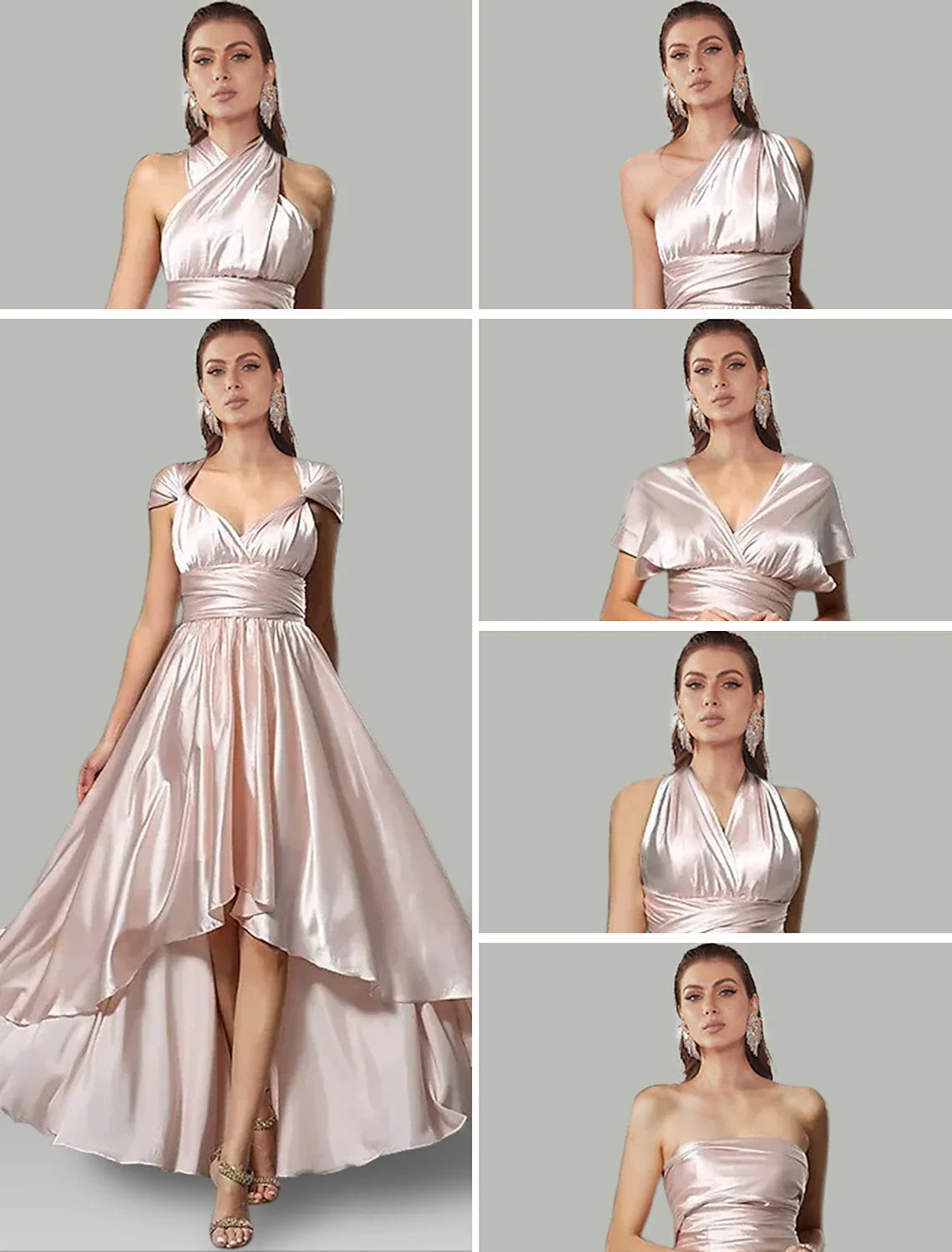 DingjiA-Line Wedding Guest Dresses High Low Dress Summer Asymmetrical Sleeveless V Neck Convertible Satin with Ruched