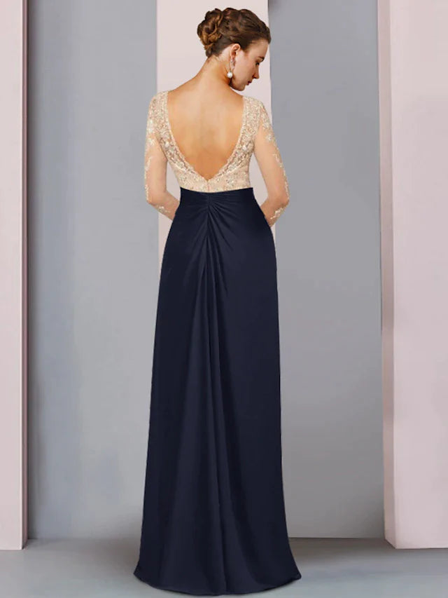 DingjiSheath / Column Mother of the Bride Dress Wedding Guest Party Open Back Scoop Neck Floor Length Chiffon Lace Long Sleeve with Pleats Color Block