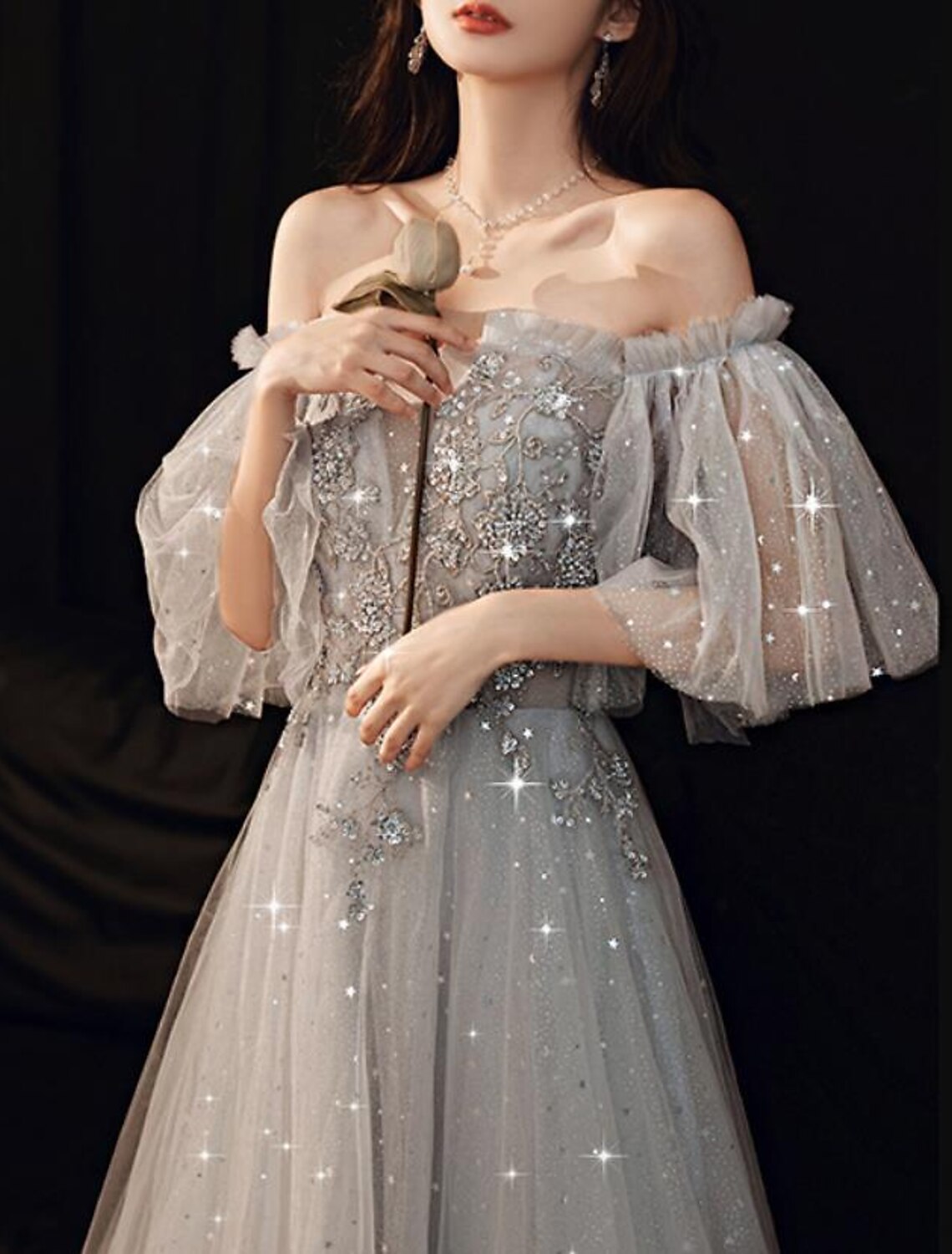 A-Line Prom Dresses Glittering Dress Engagement Formal Evening Floor Length Half Sleeve Off Shoulder Tulle with Pleats Beading Sequin