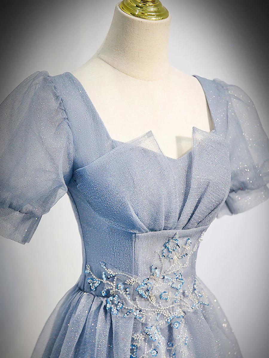 Tulle Long Prom Dress Gray Blue Tulle Formal Evening Dresses