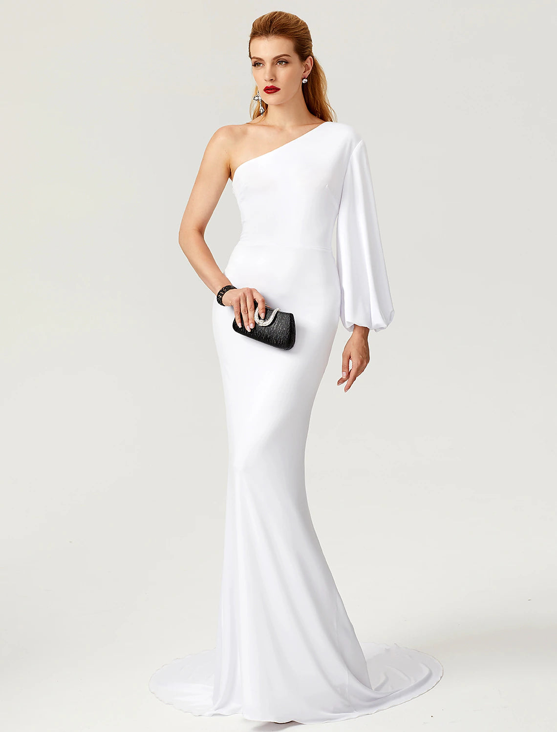 Mermaid / Trumpet Celebrity Style Dress Engagement Formal Evening Court Train Long Sleeve One Shoulder Jersey with Pleats
