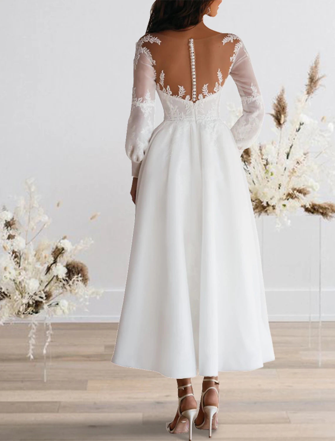 Reception Fall Wedding Dresses Vintage 1940s / 1950s Little White Dresses A-Line Illusion Neck Long Sleeve Ankle Length Chiffon Bridal Gowns With Appliques Summer Wedding Party , Women's Clothing
