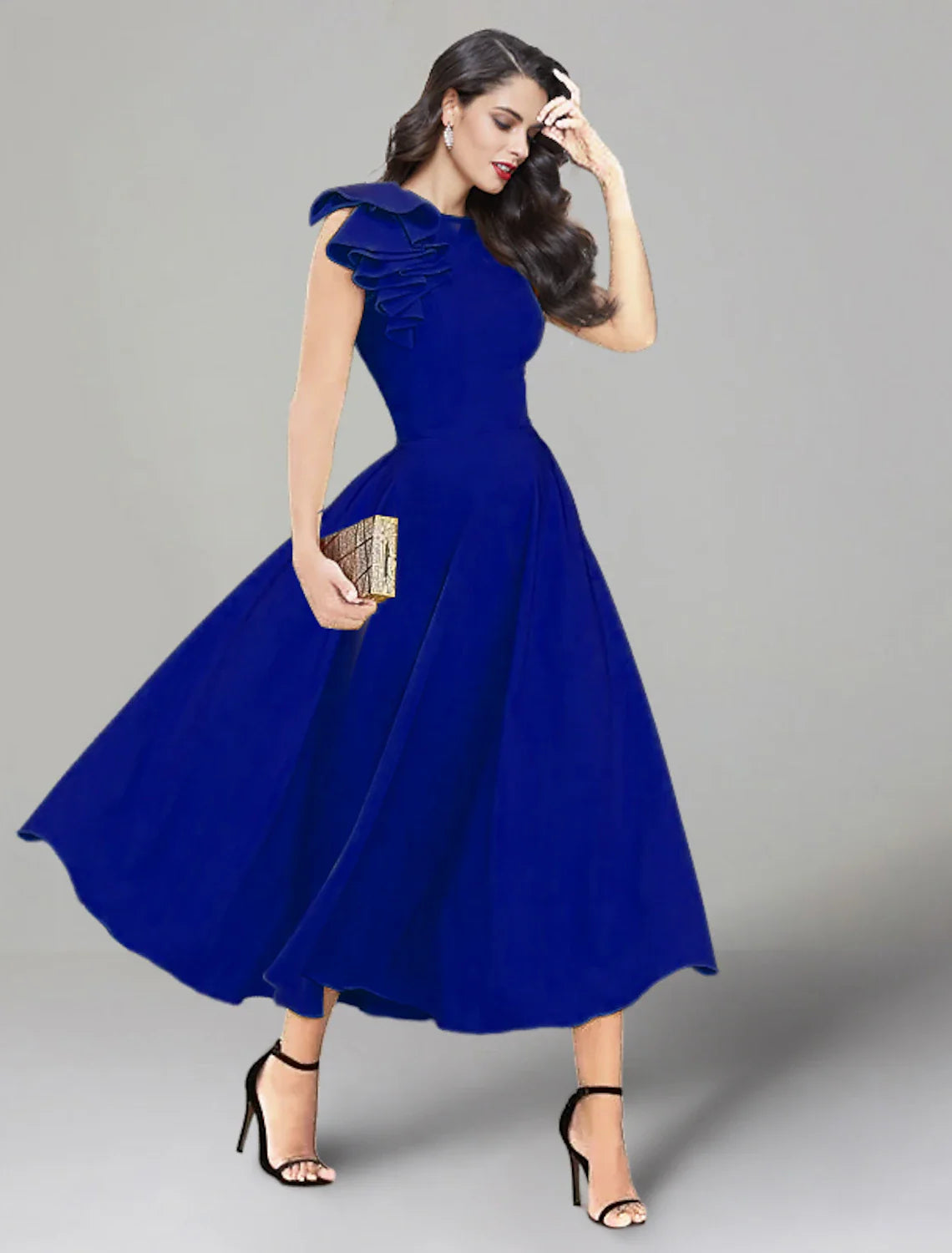 A-Line Wedding Guest Dresses Backless Dress Summer Tea Length Sleeveless Jewel Neck Stretch Fabric with Ruffles