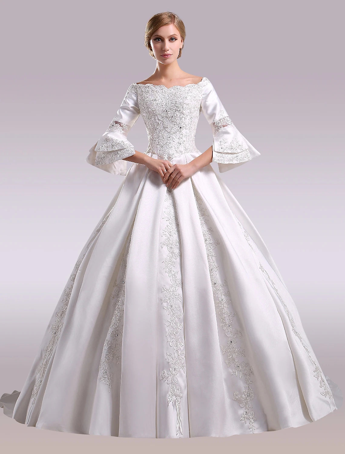 Hall Wedding Dresses A-Line Off Shoulder Long Sleeve Chapel Train Satin Bridal Gowns With Lace Beading