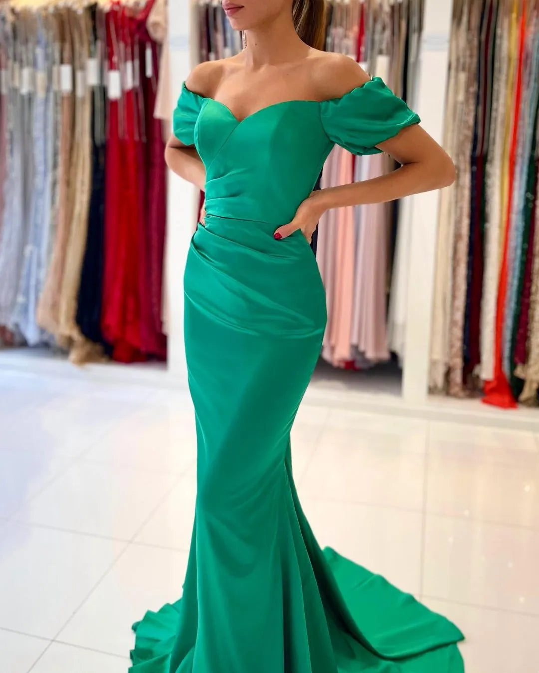 Long Off-the-Shoulder Floor-length Satin Mermaid Prom Dresses