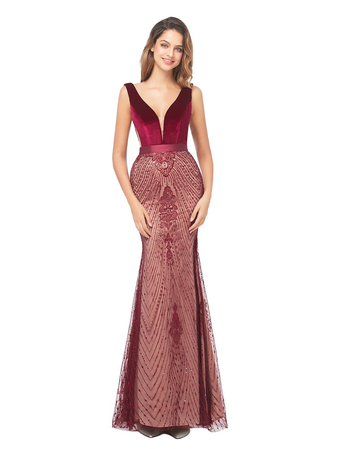 Mermaid / Trumpet Evening Gown Luxurious Dress Formal Evening Sweep / Brush Train Sleeveless V Neck Fall Wedding Guest Velvet Backless with Beading