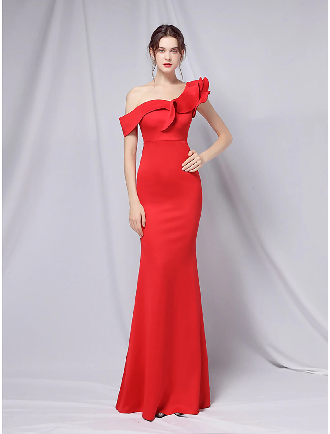 Mermaid / Trumpet Evening Gown Empire Dress Wedding Guest Floor Length Short Sleeve One Shoulder Stretch Satin with Ruffles
