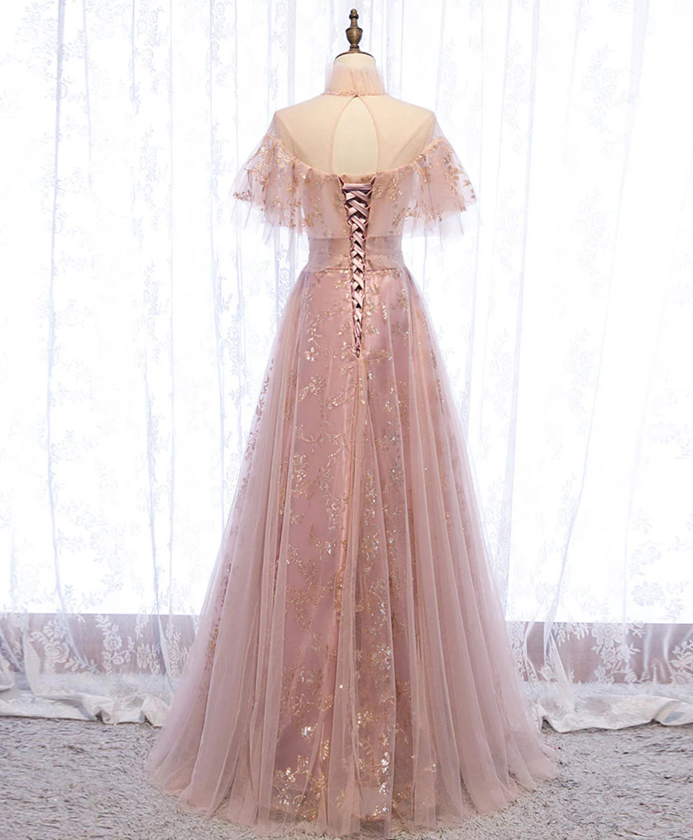 Tulle Lace Long Prom Dress Pink Tulle Formal Dress