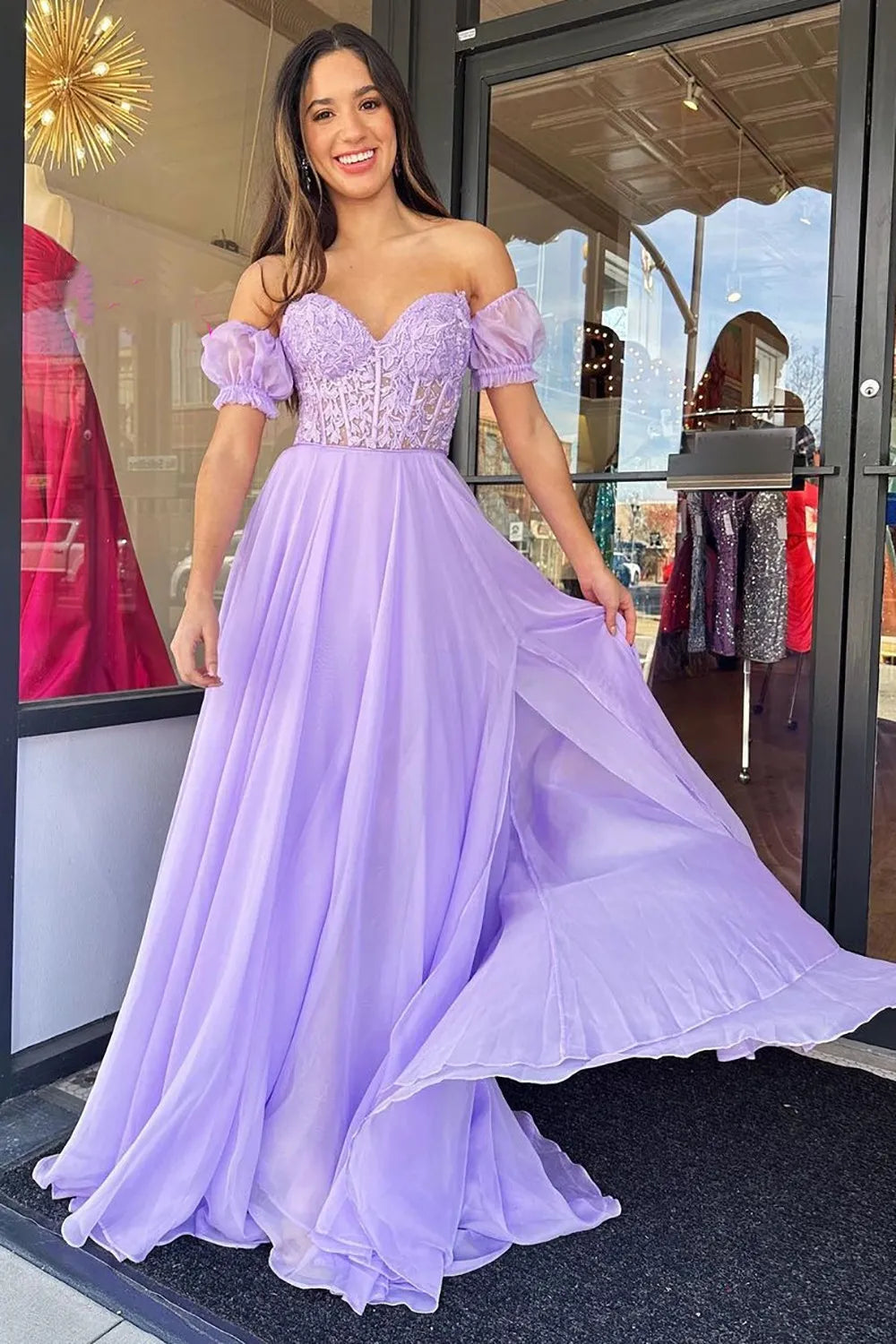 A Line Sweetheart Purple Corset Prom Dress with Appliques