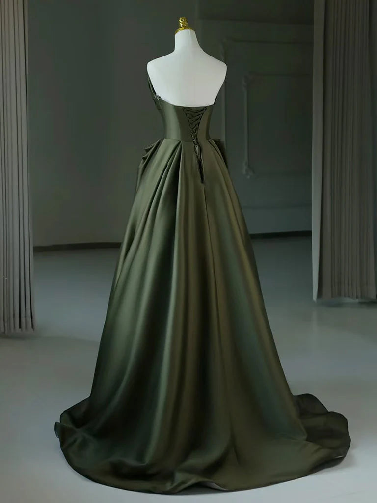 A-Line V Neck Satin Green Long Prom Dress