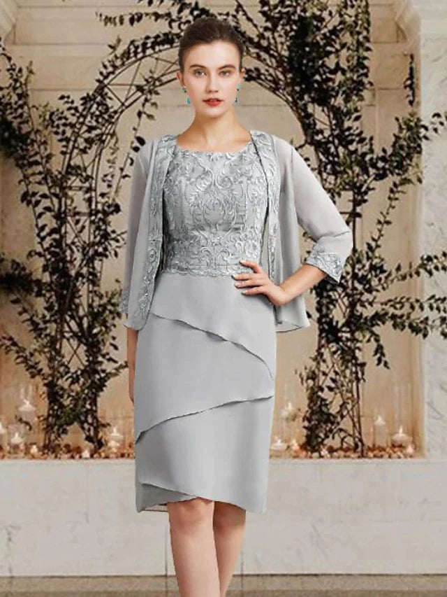 Two Piece Sheath / Column Mother of the Bride Dress Church Elegant Square Neck Jewel Neck Knee Length Chiffon Lace Sleeveless Wrap Included with Ruffles Appliques