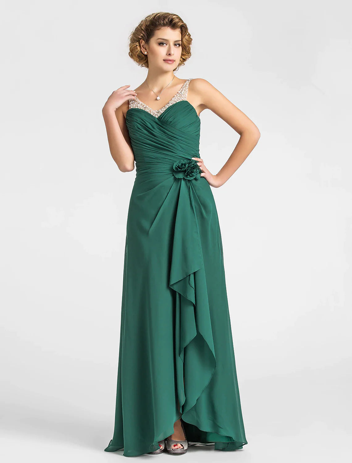 Sheath / Column Mother of the Bride Dress V Neck Floor Length Chiffon Sleeveless with Criss Cross Beading Draping