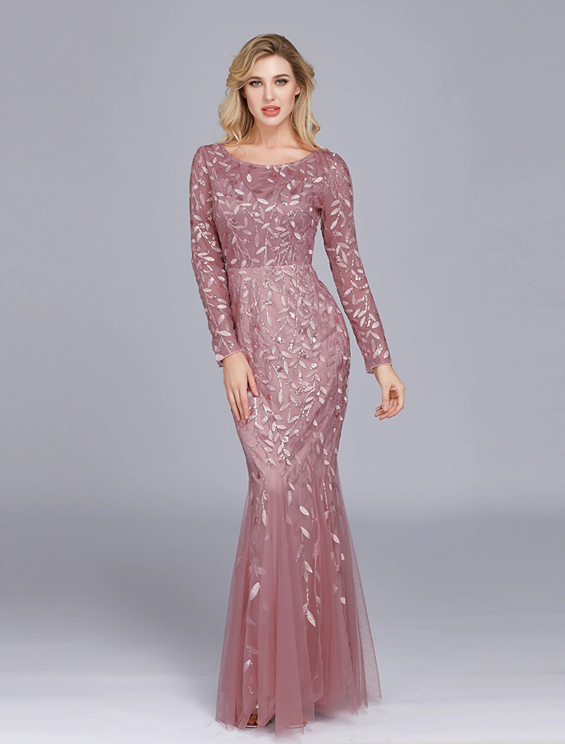 Mermaid / Trumpet Empire Elegant Party Wear Formal Evening Valentine's Day Dress Jewel Neck Long Sleeve Floor Length Tulle with Embroidery/ Illusion Sleeve