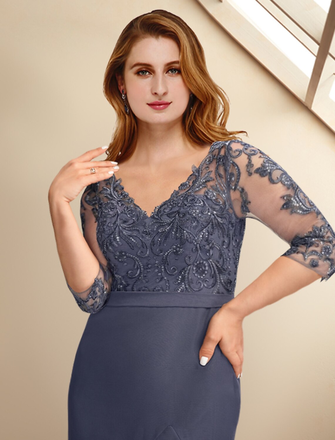 A-Line Plus Size Curve Mother of the Bride Dresses Elegant Dress Formal Ankle Length Half Sleeve V Neck Chiffon with Ruffles Appliques