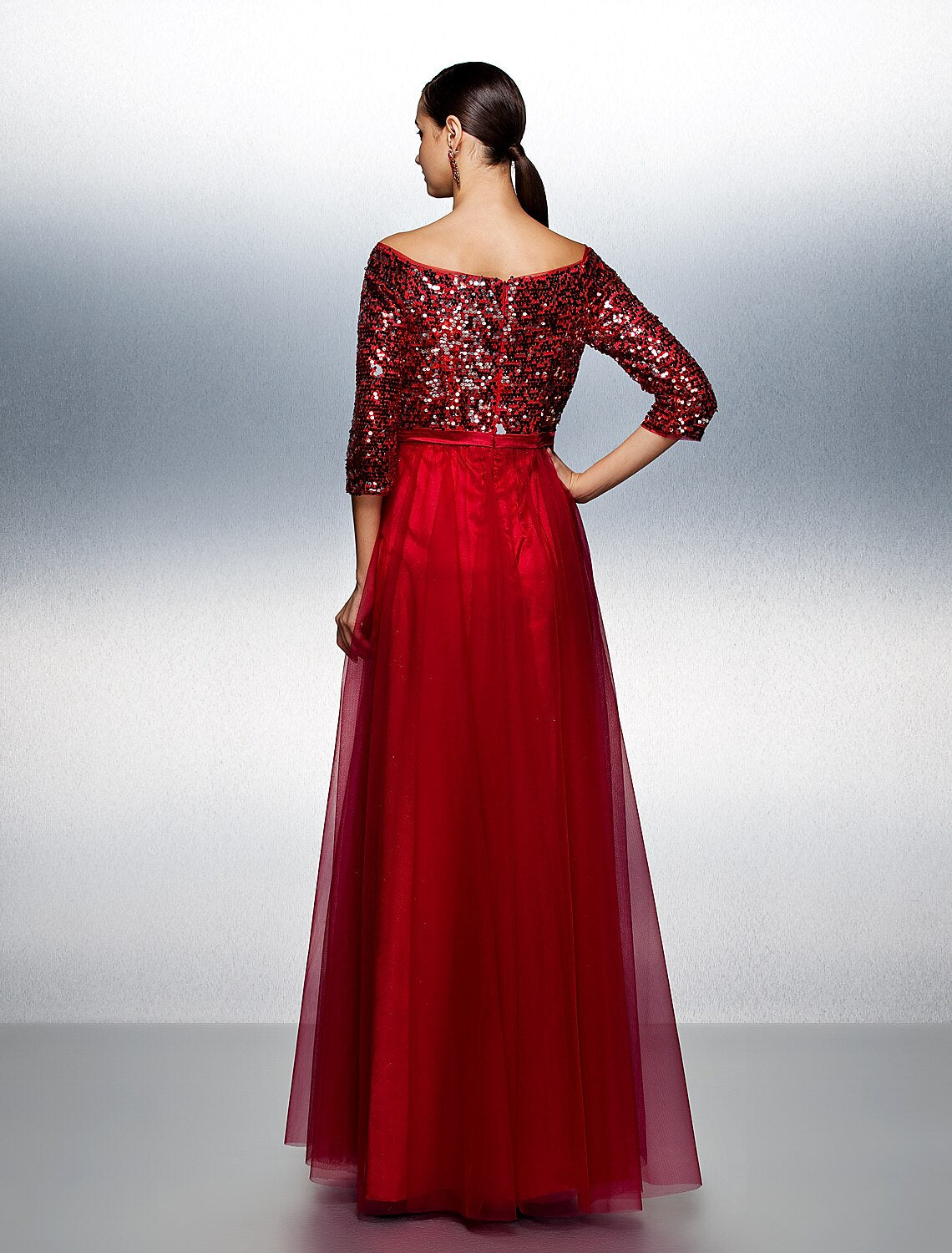 A-Line Bateau Neck / Boat Neck Floor Length Tulle / Sequined Sparkle & Shine / Beaded & Sequin Prom / Formal Evening Dress with Sash / Ribbon / Sequin