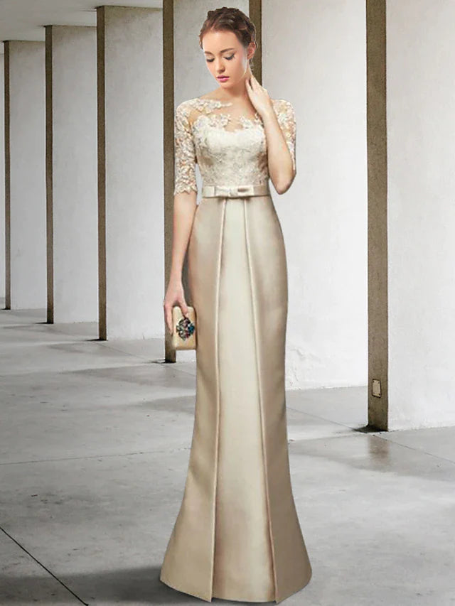 Mermaid / Trumpet Mother of the Bride Dress Elegant Jewel Neck Knee Length Satin Lace Half Sleeve with Bow(s) Appliques