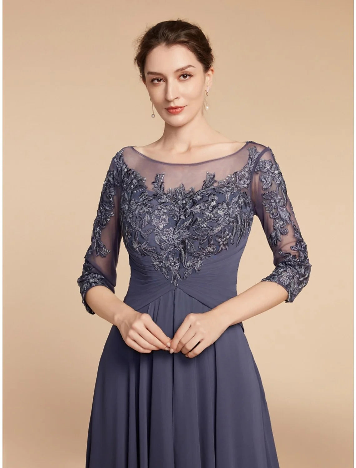 DingjiSheath / Column Mother of the Bride Dress Wedding Guest Elegant Vintage Scoop Neck Ankle Length Chiffon Lace Half Sleeve with Ruffles Ruching