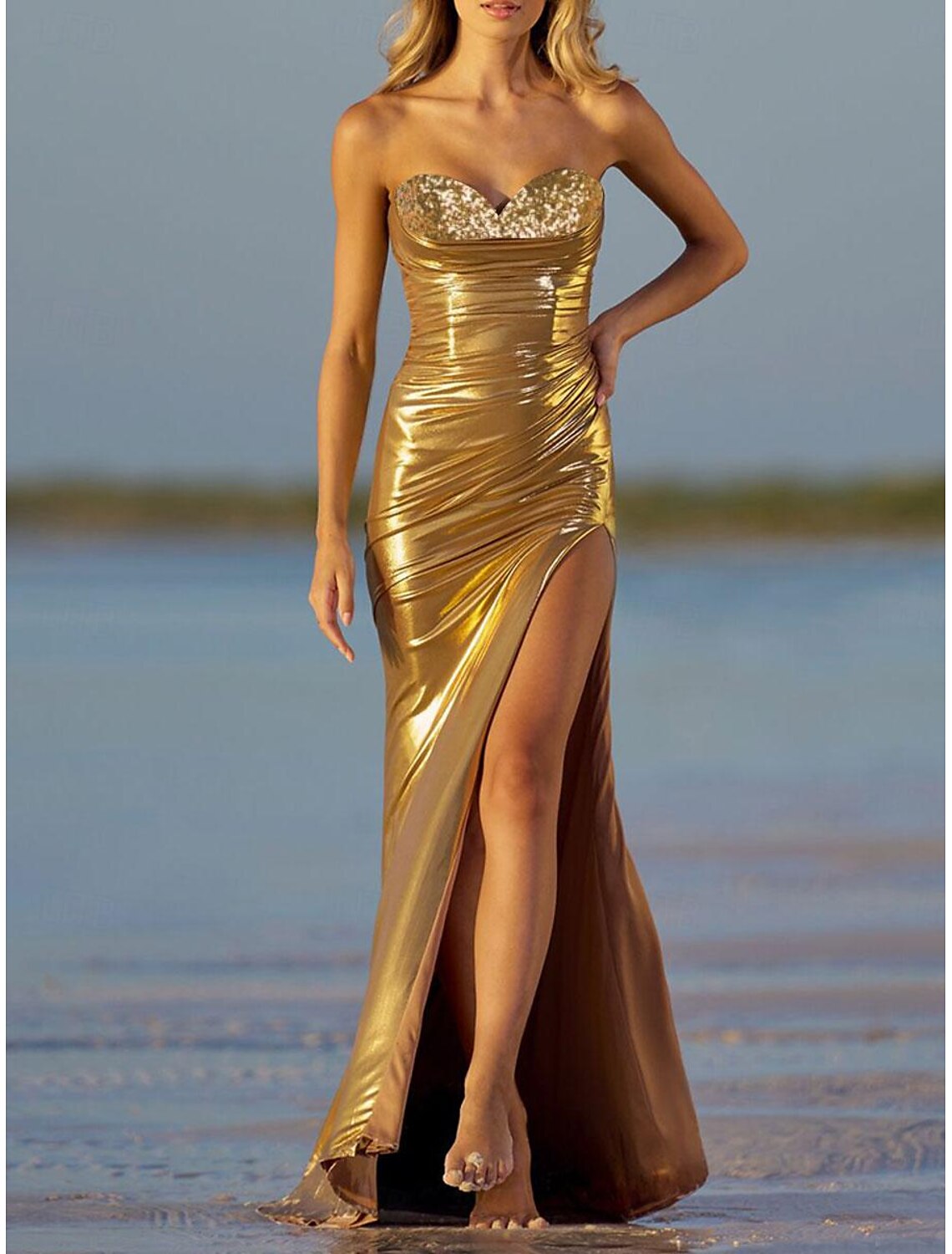 Mermaid / Trumpet Evening Gown Party Dress Evening Party Prom Floor Length Sleeveless Sweetheart Satin with Glitter Sequin Slit