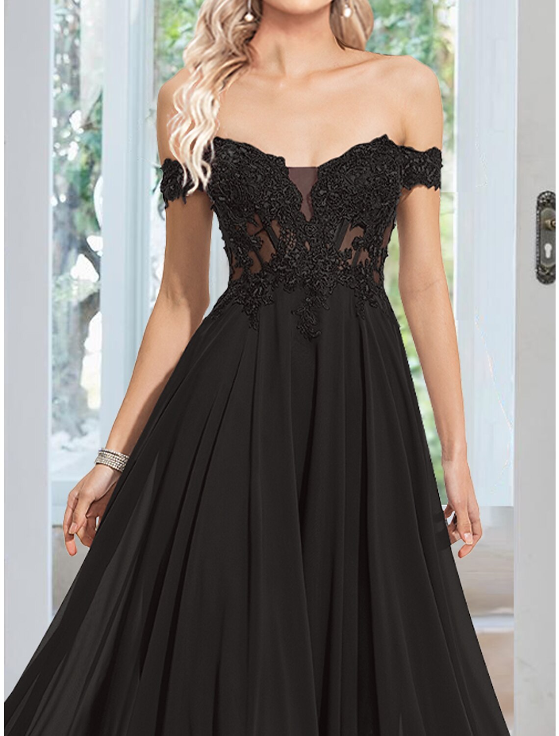 A-Line Evening Gown Floral Dress Prom Semi Formal Floor Length Sleeveless Off Shoulder Chiffon with Applique