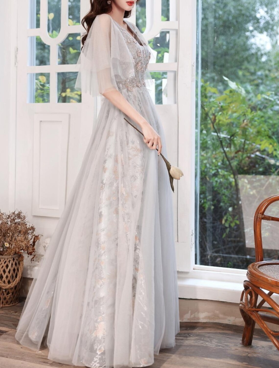 A-Line Color Block Elegant Party Wear Prom Dress V Neck Short Sleeve Floor Length Tulle with Appliques