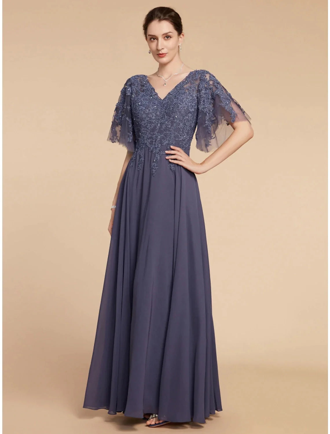 A-Line Mother of the Bride Dress Wedding Guest Elegant V Neck Floor Length Chiffon Lace Short Sleeve with Sequin Ruching Solid Color