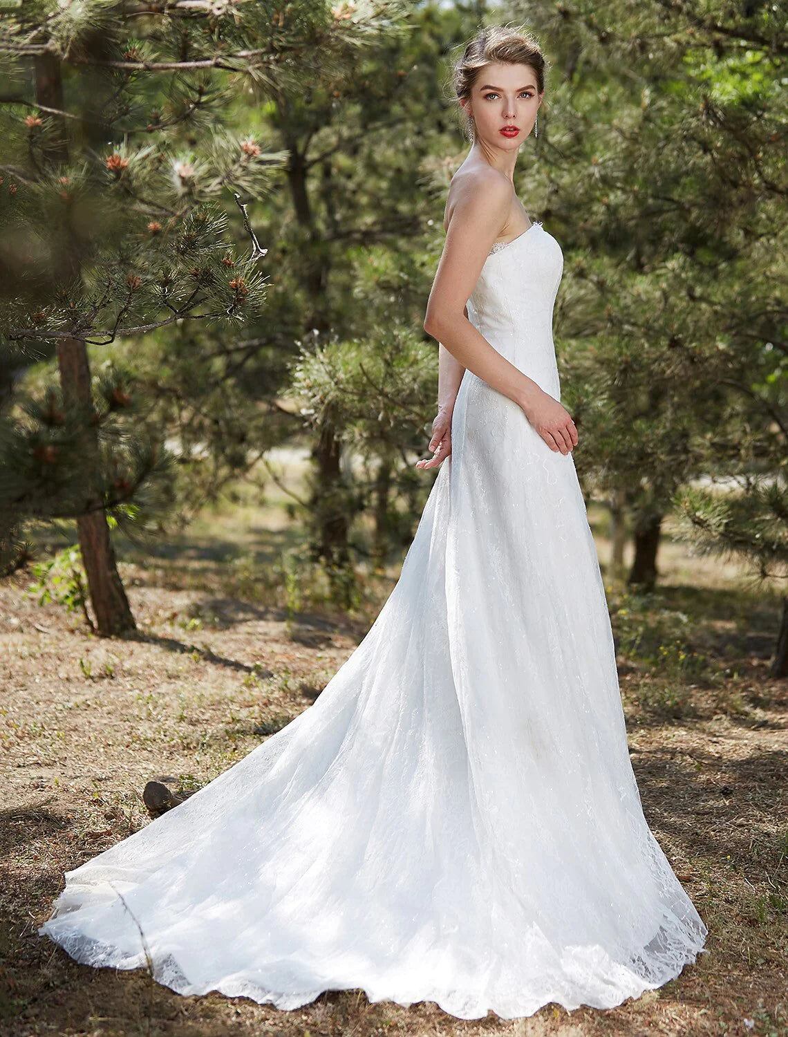 DingjiWedding Dresses A-Line Strapless Sleeveless Court Train Satin Bridal Gowns With Lace