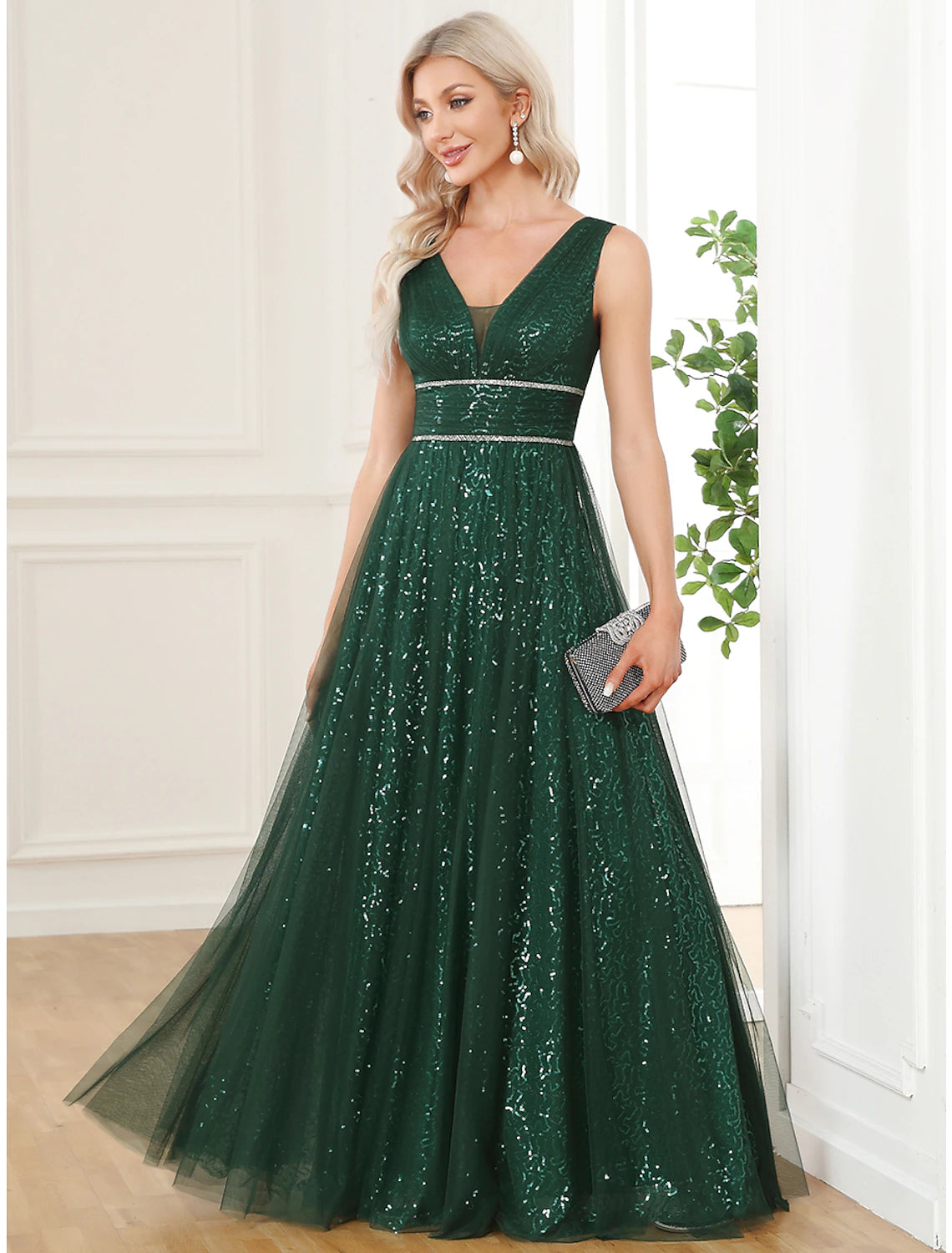 A-Line Prom Dresses Elegant Dress Party Wear Floor Length Sleeveless V Neck Sequined V Back with Sequin