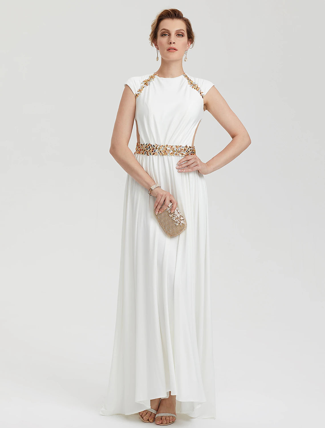 Sheath / Column Celebrity Style Cut Out Formal Evening Dress Crew Neck Short Sleeve Asymmetrical Jersey with Beading