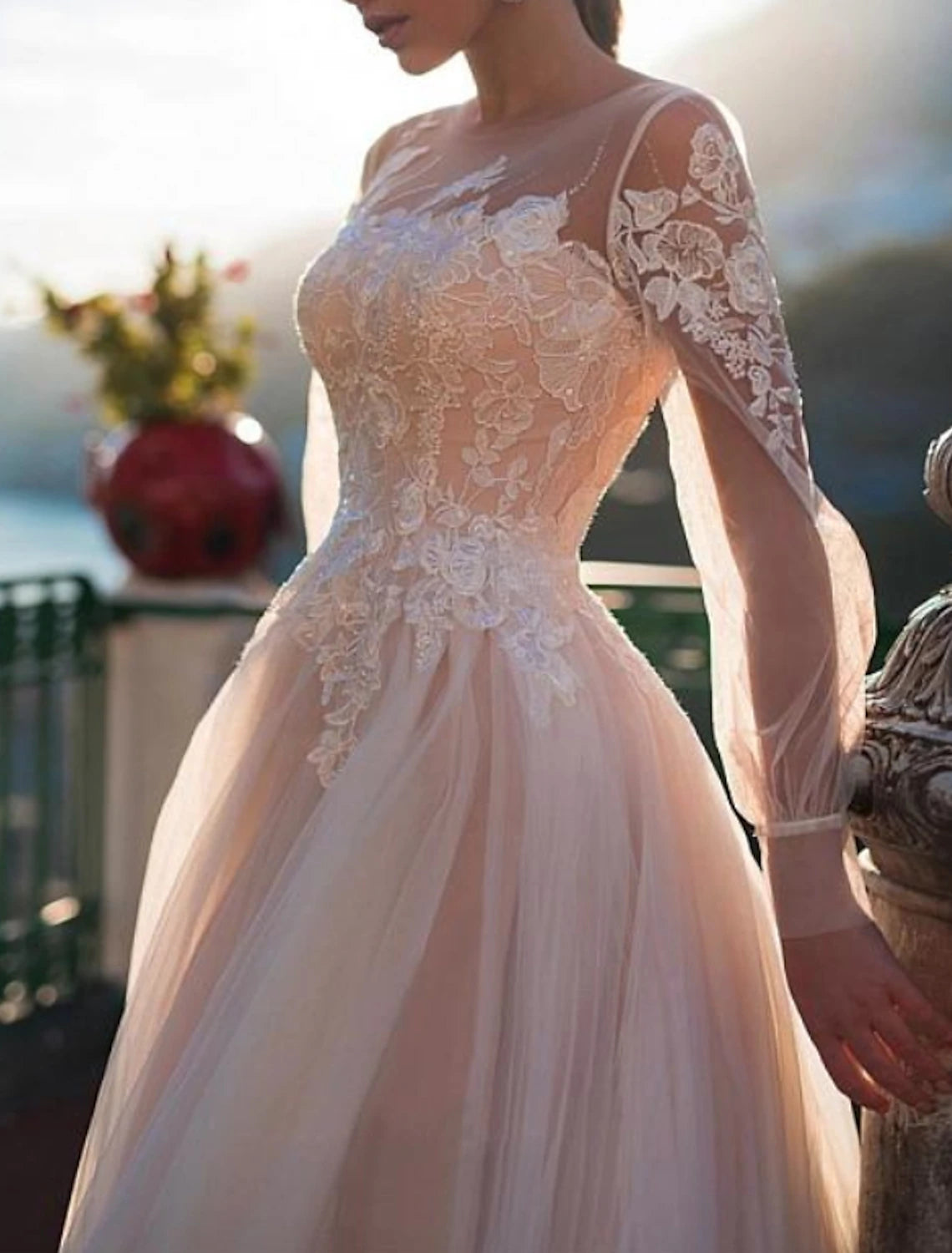 Beach Fall Wedding Dresses in Color Fall Wedding Dresses A-Line Illusion Neck Long Sleeve Sweep / Brush Train Lace Bridal Gowns With Embroidery Appliques Summer Wedding Party, Women's Clothing