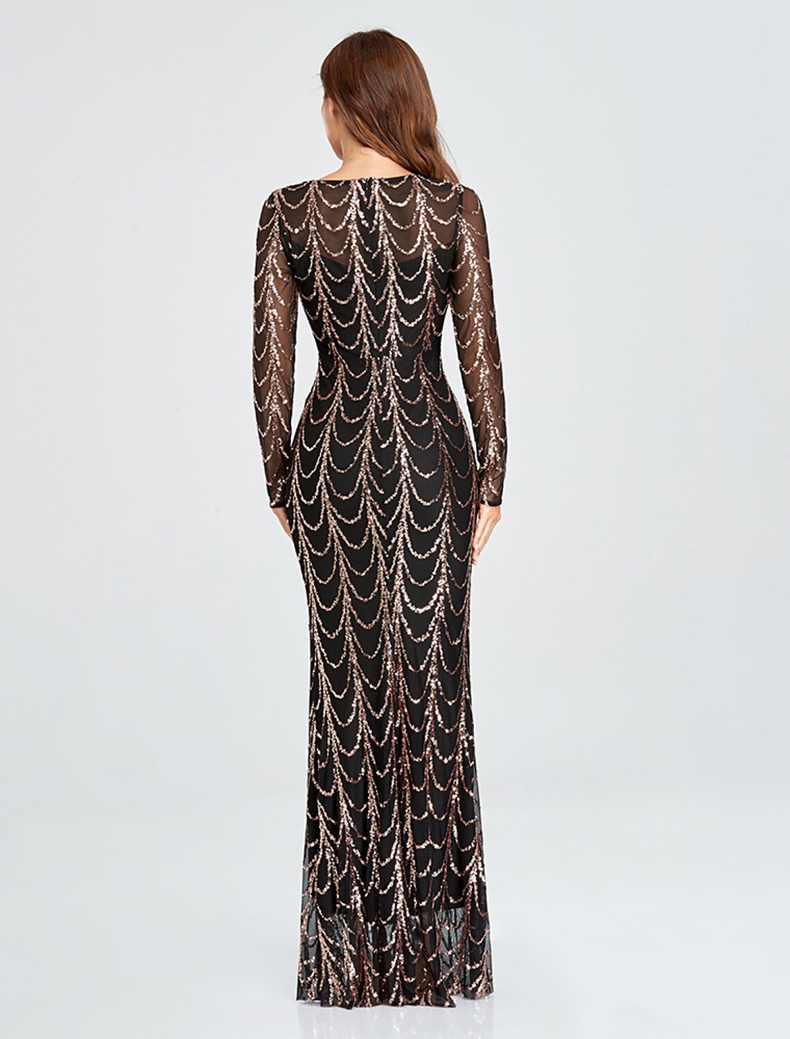 Mermaid / Trumpet Sparkle Elegant Party Wear Formal Evening Dress Jewel Neck Long Sleeve Floor Length Sequined with Sequin / Illusion Sleeve