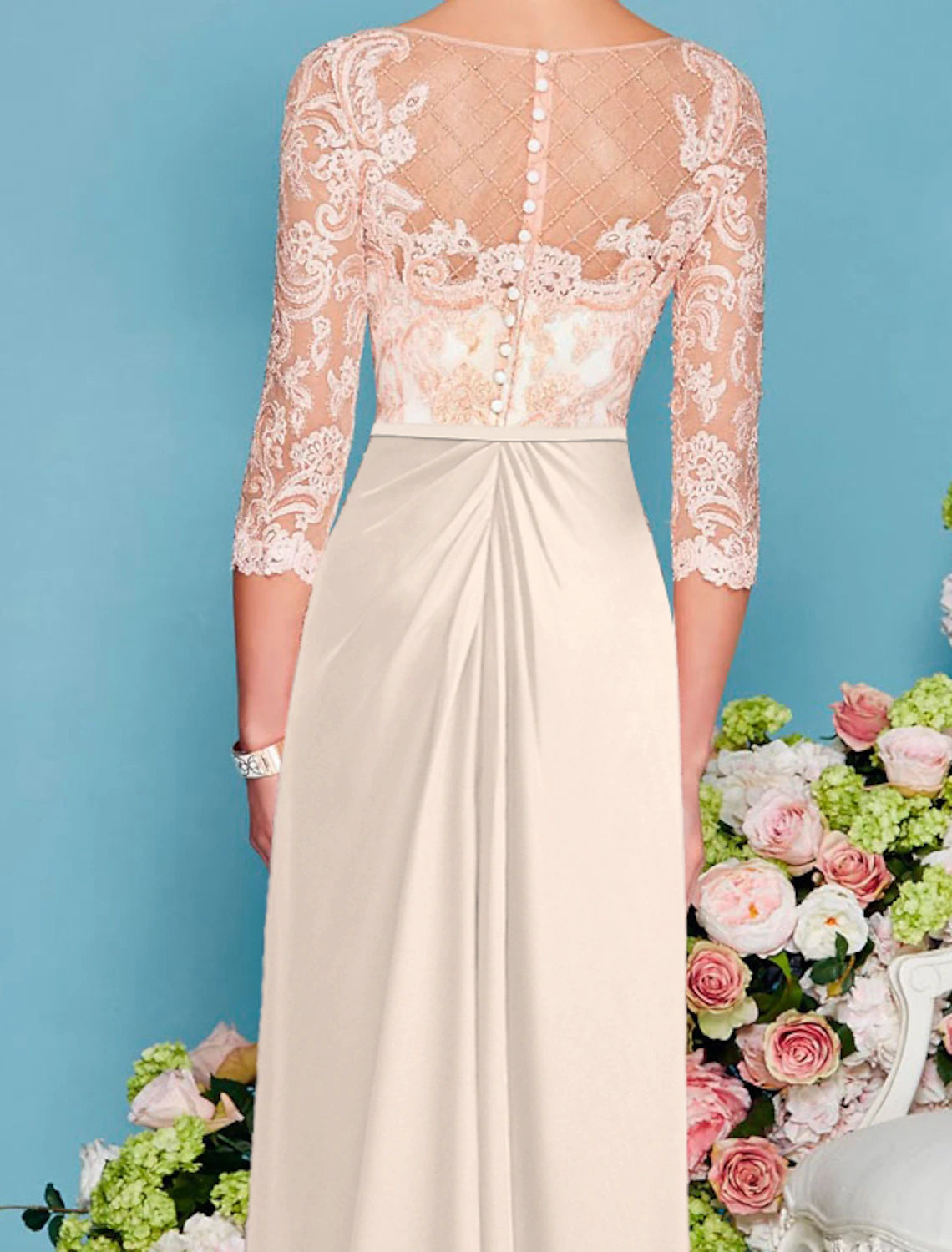 Sheath / Column Mother of the Bride Dress Wedding Guest Elegant Luxurious Scoop Neck Floor Length Chiffon Lace 3/4 Length Sleeve with Beading Appliques