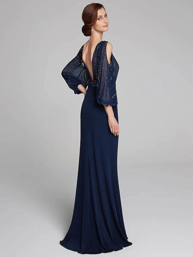 Sheath / Column Mother of the Bride Dress Sparkle & Shine Boat Neck Floor Length Chiffon Jersey Long Sleeve No with Beading Ruching