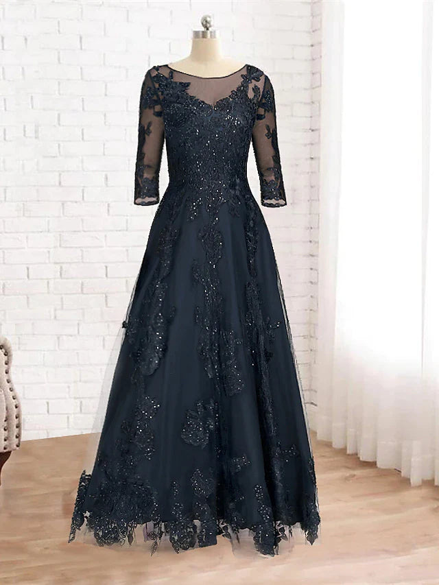 A-Line Mother of the Bride Dress Luxurious Elegant Jewel Neck Floor Length Lace Tulle Imitated Silk 3/4 Length Sleeve with Sequin Appliques