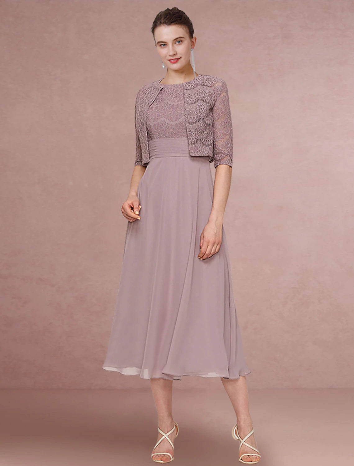 Two Piece Mother of the Bride Dress Wedding Guest Elegant Jewel Neck Tea Length Chiffon Lace Half Sleeve with Solid Color