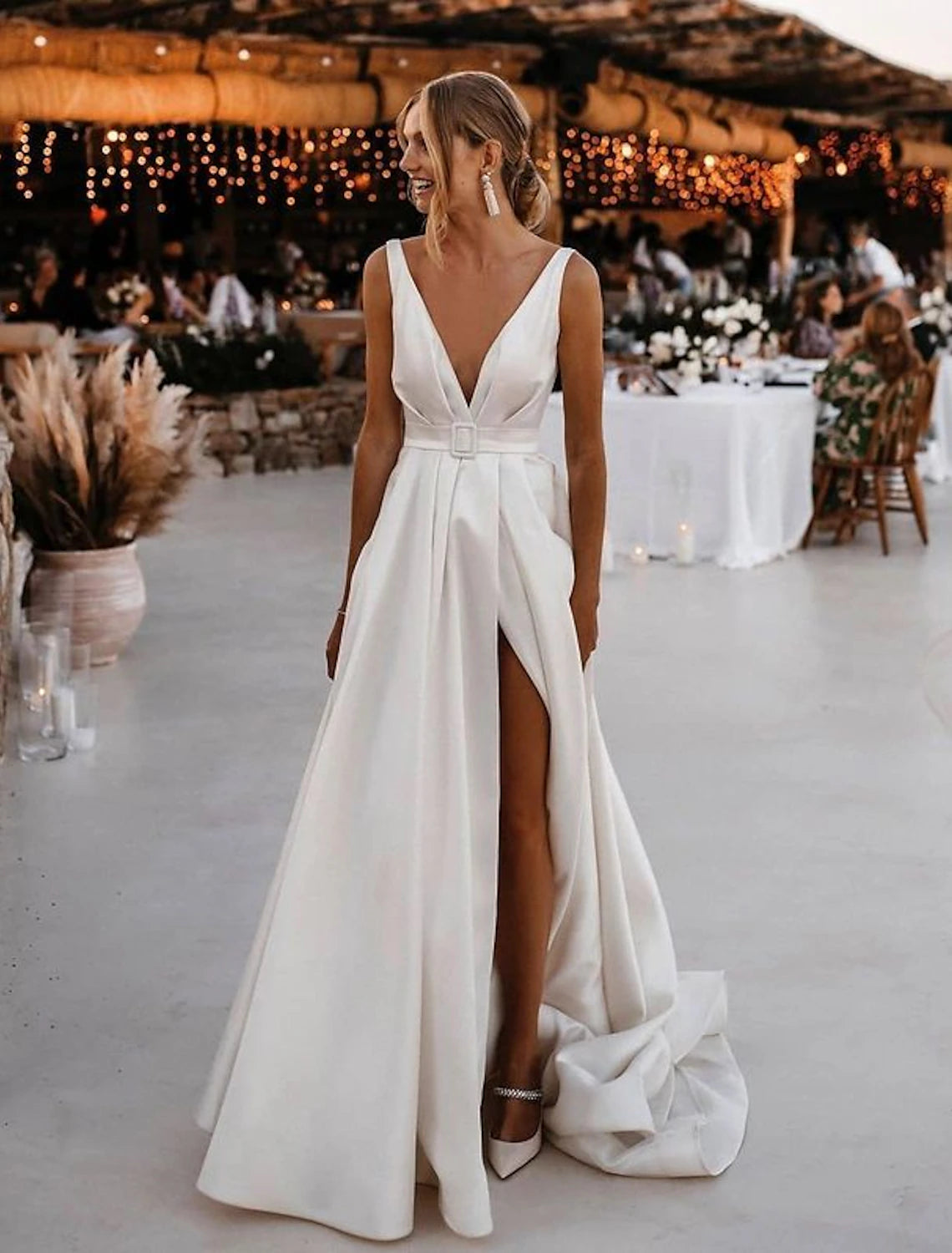 Beach Casual Wedding Dresses A-Line V Neck Sleeveless Court Train Satin Bridal Gowns With Sashes / Ribbons Sash / Ribbon 2023 Summer Wedding Party