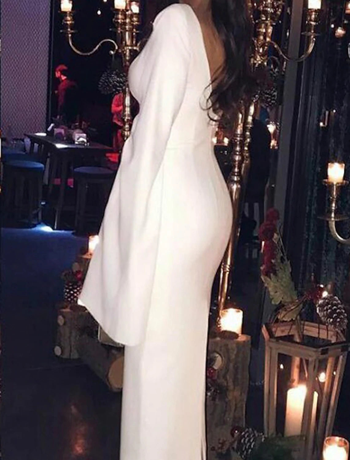 Sheath / Column Cocktail Dresses Party Dress Holiday Tea Length Long Sleeve Jewel Neck Fall Wedding Guest Jersey Backless with Sleek Pure Color