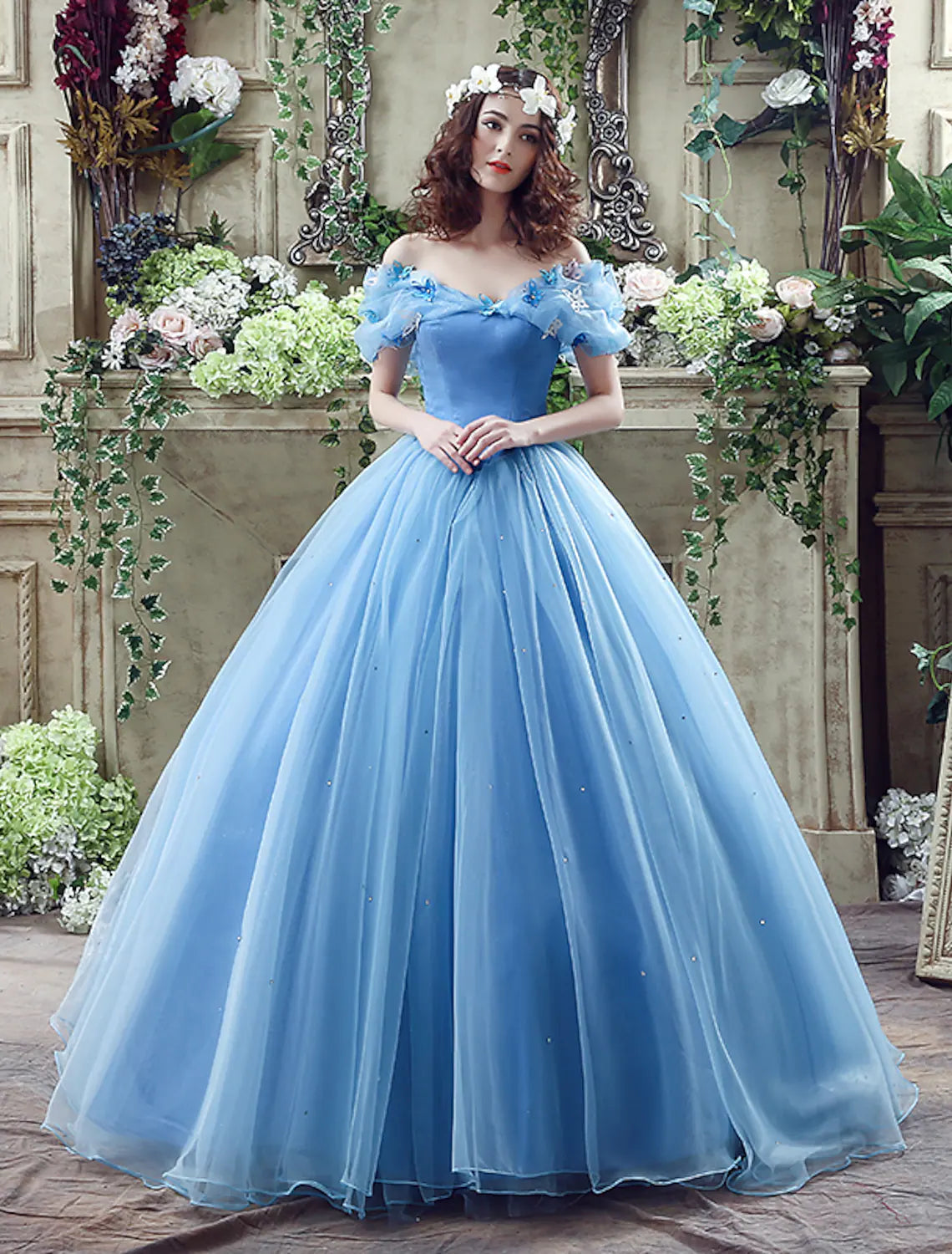 DingjiBall Gown Evening Gown Sexy Dress Quinceanera Chapel Train Short Sleeve Off Shoulder Satin with Appliques