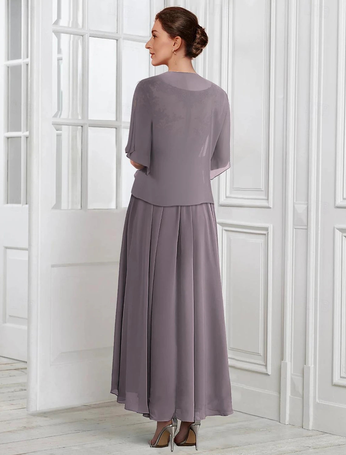 Two Piece A-Line Mother of the Bride Dress Formal Wedding Guest Elegant V Neck Tea Length Chiffon Lace Short Sleeve Jacket Dresses with Pleats Appliques