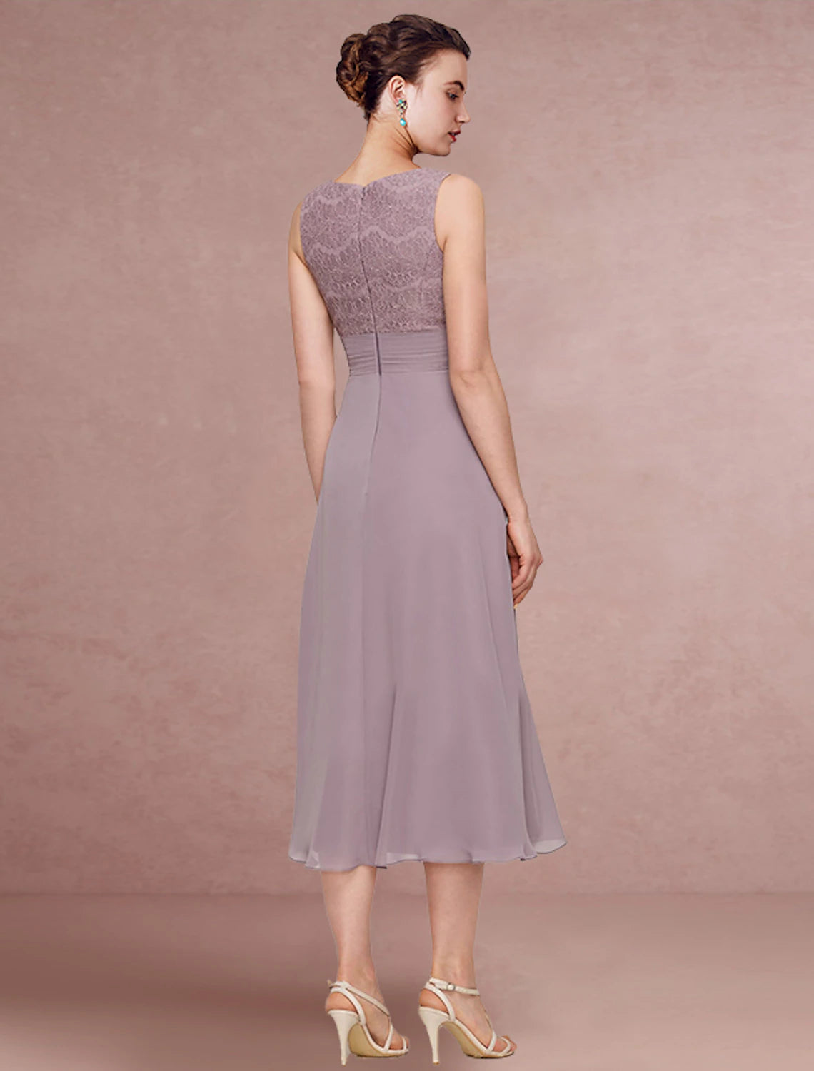 Two Piece Mother of the Bride Dress Wedding Guest Elegant Jewel Neck Tea Length Chiffon Lace Half Sleeve with Solid Color