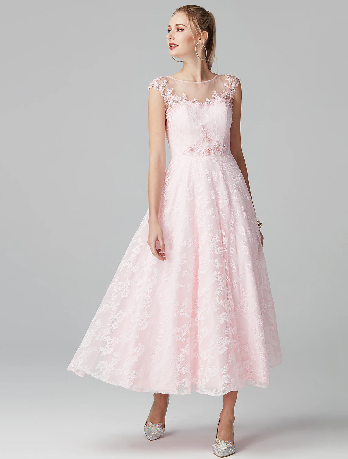 A-Line Prom Dresses Floral Dress Evening Party Ankle Length Short Sleeve Illusion Neck Lace Zipper with Appliques